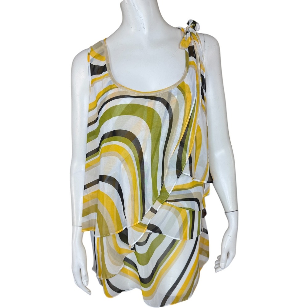 Worthington Blouse Women 1X Yellow NEW Fun Stripe Tiered Ruffle Shoulder Tie